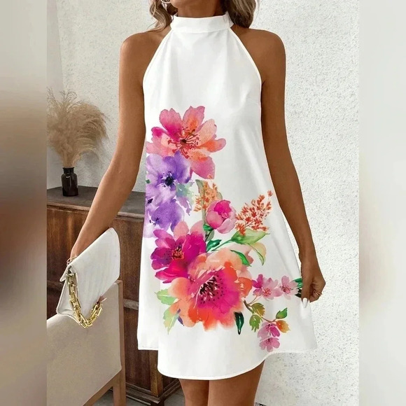 Dresses & Skirts - Floral Printed Holiday Halterneck Women's Dress